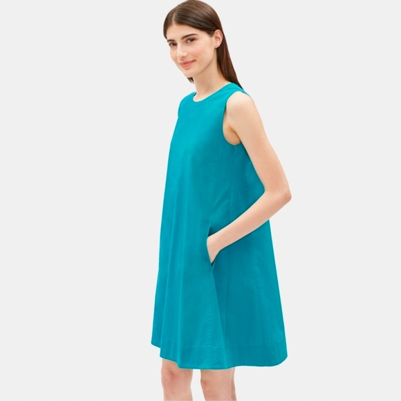 Eileen Fisher Dresses & Skirts - Eileen Fisher Organic Cotton Stretch Poplin A-Line Dress Blue Teal Pockets Sz M